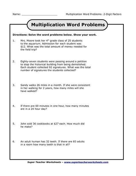 Multiplication Word Problems Worksheet for 4th Grade Lesson