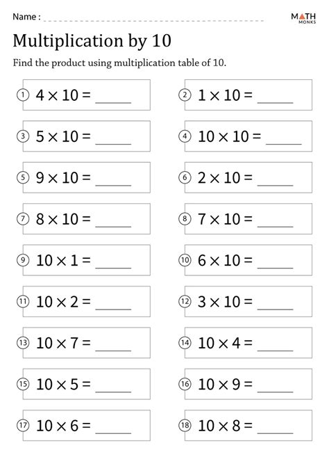 Multiplication by 10 Worksheets Math Monks