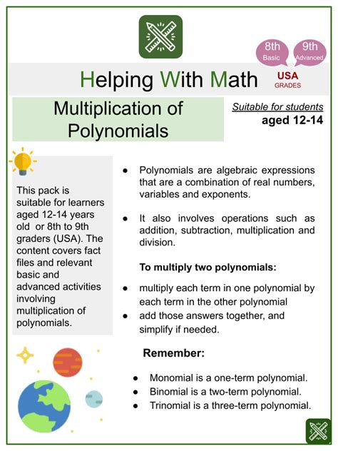 Multiplication of Polynomials Math Worksheets Aged 1214
