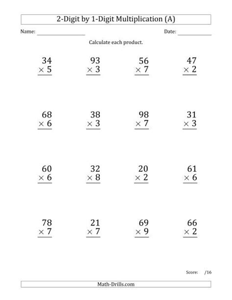 Multiplying 2 Digit By 1 Digit Numbers Large Print A