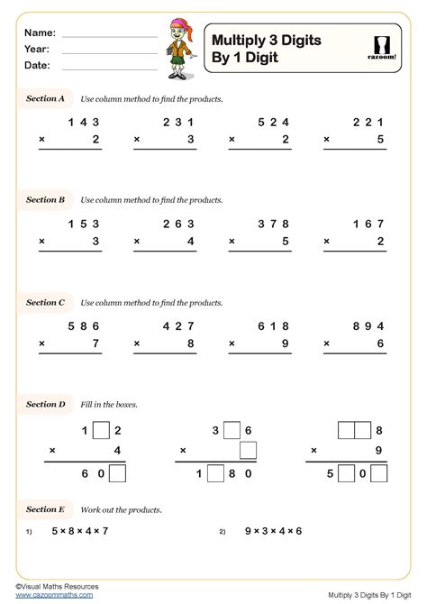 Multiplying 3 digits by 1 digit Worksheet Key Stage 2 PDF Number