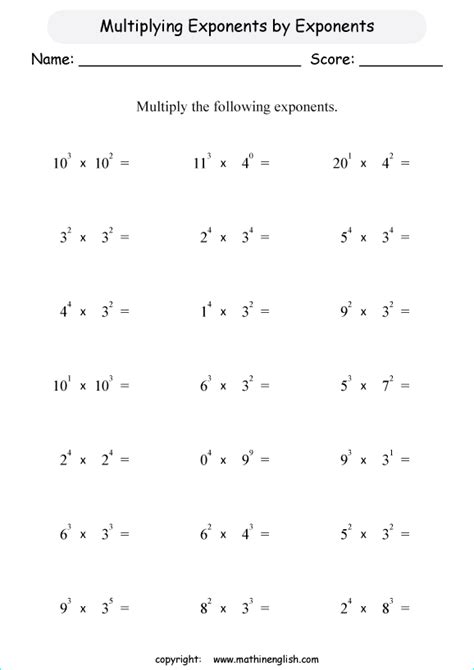 Multiplying Exponents Worksheets