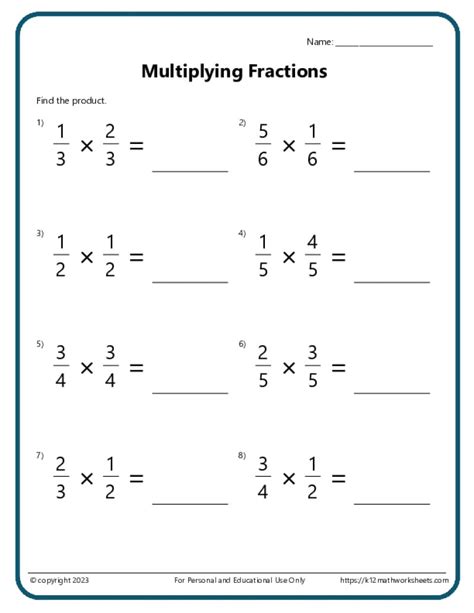 Multiplying Fractions Worksheet