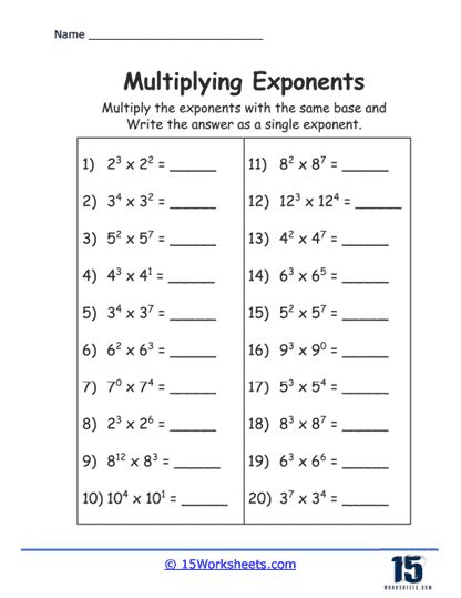 Multiplying Numbers With Exponents Worksheets