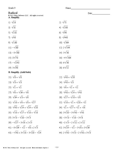 Multiplying Radicals Worksheet Rules And Examples Worksheets Library
