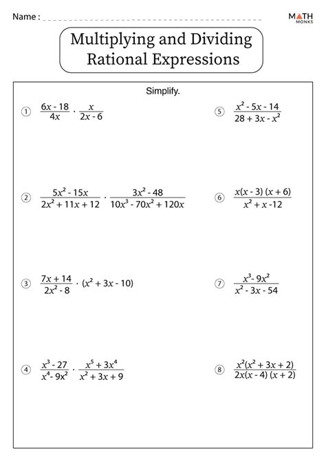 Multiplying and Dividing Rational Expressions Worksheets Math Monks