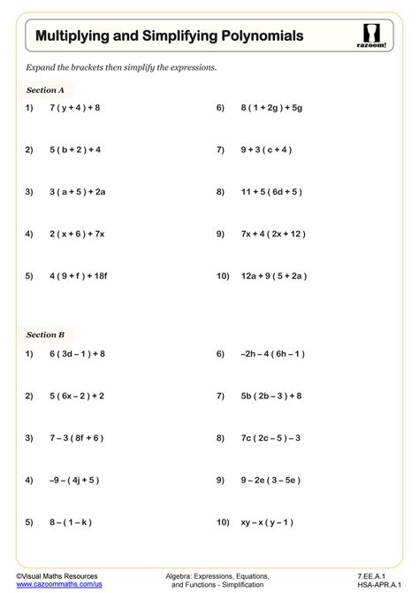 Multiplying and Simplifying Polynomials Worksheet 7th Grade PDF