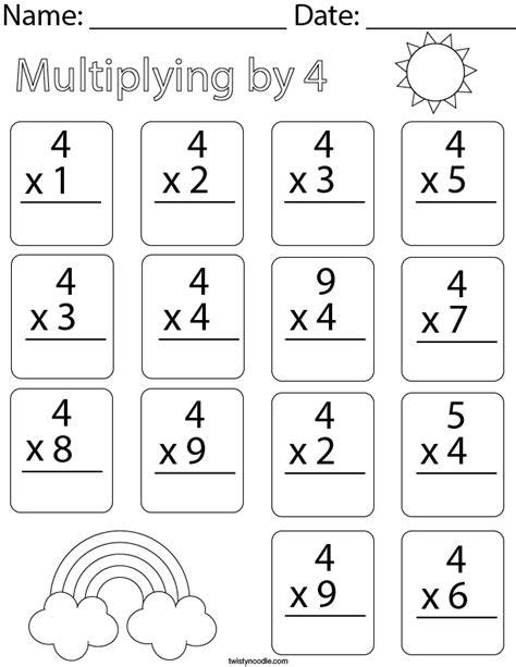 Multiplying by Four Math Worksheet Twisty Noodle