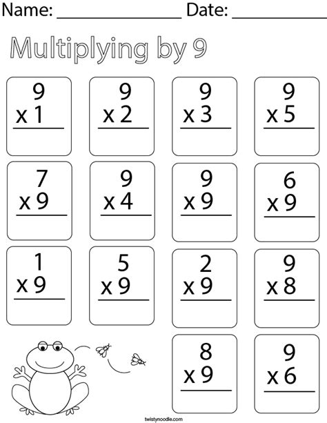 Multiplying by Nine Math Worksheet Twisty Noodle