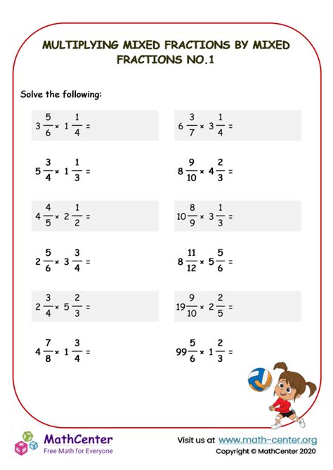 Multiplying fractions with mixed numbers worksheet.  In 5th grade, lessons build o...