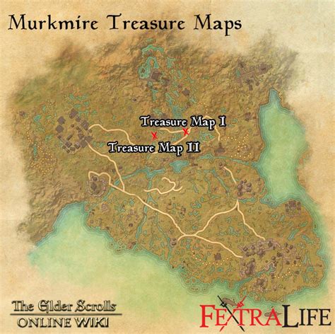 Murkmire Treasure Map Locations. Treasure Map I – in a large rotten tree stump between the waterfall and the large tree holding the ruined ship; Treasure Map II – in front of two rocks behind a large tree and two tall rocks; Collecting Murkmire’s Ancient Argonian Calendar Tablets.. 