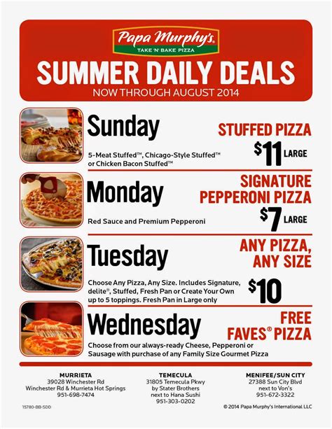 Murphys pizza coupons. Closed - Opens at 11:00 AM. 2119 Amherst Avenue. Order online for contactless pick up at Papa Murphy's 3048 North Sanders Street in Helena, MT for an easy home-baked meal. Change the way you pizza. 