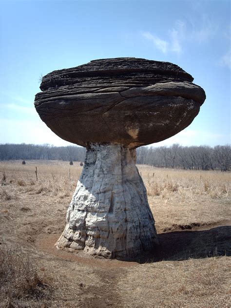 The strangely shaped rocks at Mushroom Rock State Park in Ellsworth County are composed of sandstone from the Dakota Formation.. The sandstone formed from sand and other sediment deposited along the edge of a Cretaceous sea about 100 million years ago. Over time, circulating water deposited a limy cement between the sand grains in some parts of the formation, creating harder bodies of rock .... 