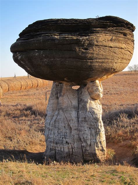 A two-legged mushroom at Mushroom Rocks State Park. No. 2: Mushroom Rock State Park, inedible Kansas Rocks. About 45 minutes southwest of Rock City, the smallest Kansas state park, Mushroom Rocks only covers five acres. Whatever the park lacks in size, it makes up for in spectacular weirdness.. 