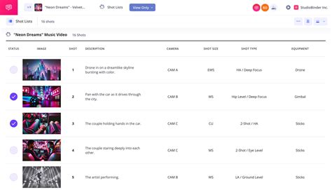Music Video Shot List Template Database