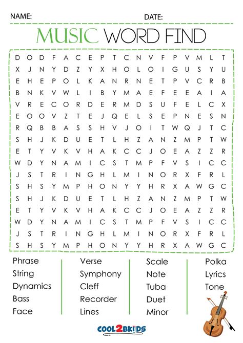 Music Word Search Puzzle Free Printable