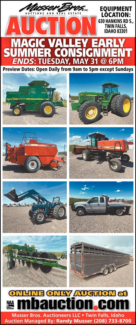 Musser brothers auctions. Apr 19, 2022 · Preview. Photos. Terms. Removal Times. 3595 MT Hwy 284, Townsend, Montana 59644. It gives us great pleasure to offer this extensive line of farm equipment at auction for Double C Farms. Steve & Brad Campbell have sold their beautiful farm they've cared for the last 26 years, hoping to enjoy retirement and other interests in years to come. 