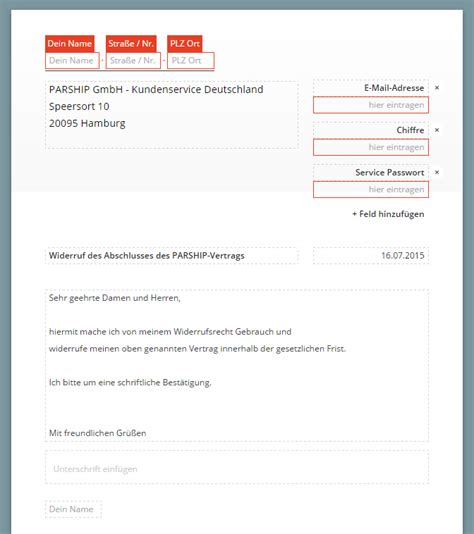 Muster-Widerrufsformular - Parship