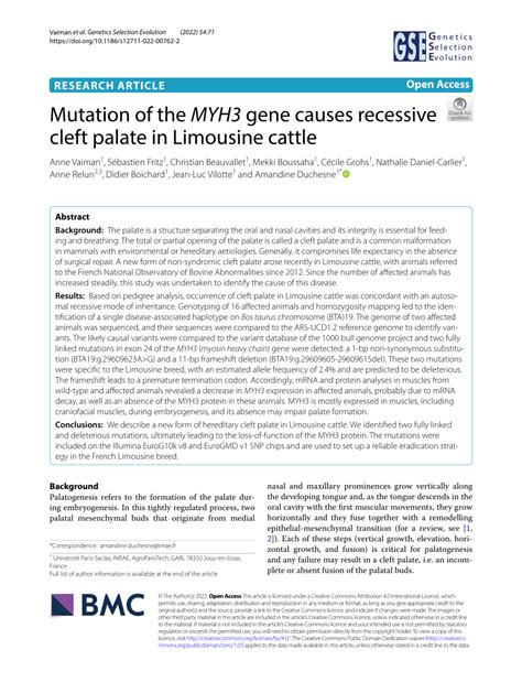 Mutation of the MYH3 gene causes recessive cleft palate in …