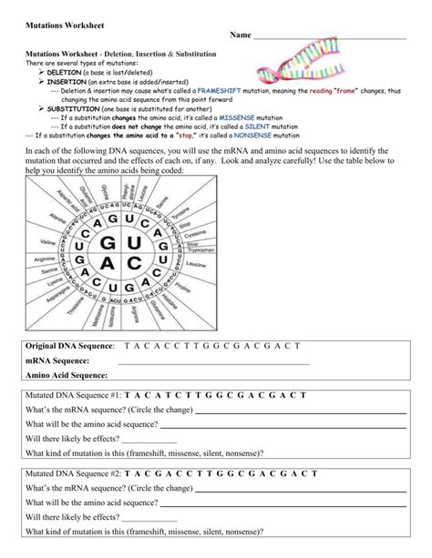 Mutations Worksheet Answer Key Practices