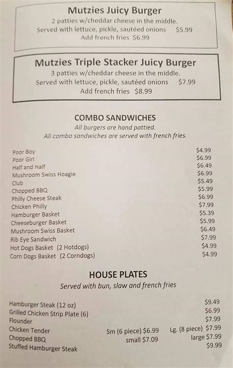 Mutzies menu. this place is truly a hidden little gem. a full takeout only, but they do have little patio seating to the side. the staff is very friendly, the … 