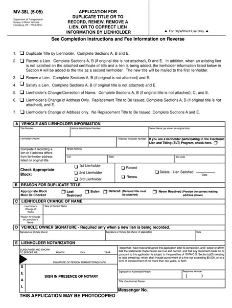 Download Fillable Form Mv-38l In Pdf - The Latest Version Applicable For 2023. Fill Out The Application For Duplicate Title Or To Record, Renew, Remove A Lien, Or To Correct Lien Information By Lienholder - Pennsylvania Online And Print It Out For Free. Form Mv-38l Is Often Used In Pennsylvania Department Of Transportation, Pennsylvania Legal Forms, Legal And United States Legal Forms.. 