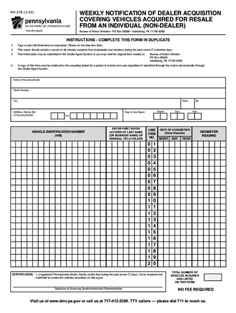 Mv27b. Forms MV-27Aand MV-27B are still required to be submitted to the Department as stated in the Vehicle Code under Section 1113(a) and (b). You will need to access the correct form on the Web site, complete the form and make a photocopy of the completed form for your records. The original form must be submitted to PennDOT along with any fees that ... 