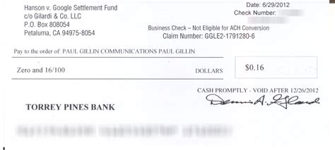 My Hanson v. Google Settlement Fund check arrived in the mail today...