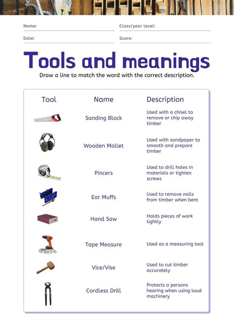 This is a printable worksheet called Basic Hand Tools and was based on a quiz created by member Ben-Giovanni Miller. ... Include correct answers on separate page. About this Worksheet. This is a free printable worksheet in PDF format and holds a printable version of the quiz Basic Hand Tools. By printing out this quiz and taking it with pen and ...