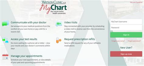 My chart login watson clinic. New User? Sign up now. Communicate with your doctor. Get answers to your medical questions from the comfort of your own home. Access your test results. No more waiting for a phone call or letter – view your results and your doctor's comments within days. Request prescription refills. 