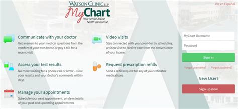 My portal watson clinic. New User? Sign up now. Communicate with your doctor. Get answers to your medical questions from the comfort of your own home. Access your test results. No more waiting for a phone call or letter - view your results and your doctor's comments within days. Request prescription refills. 