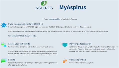 Myaspirus login page. Access your test results. No more waiting for a phone call or letter – view your results online.If you are tested for COVID-19, your results will be posted in MyAspirus as soon as they are available. This is the quickest way to receive your results. 