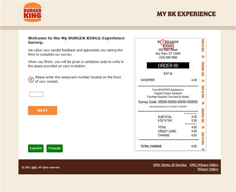 Mybkexperience survey. prenez en ligne: allez sur la page de L’enquête de satisfaction des clients de Burger King à www.mybkexperience.com dans les 48 heures suivant l’achat. Entrez le numéro du restaurant qui se trouve à l’avant de la facture., Par la suite, entrez le code de sondage qui se trouve au bas du reçu. répondez à toutes les questions du ... 