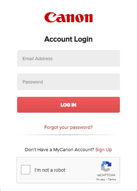 Sign In to MyCanon Account Email Address * Password * Forgot your password? Log In Don't Have a MyCanon Account? Sign Up. 