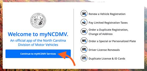1. Visit myNCDMV and or download the app for iOS or Android and click Continue to myNCDMV Services. 2. Create an account using your email address, Apple, Facebook or Google credentials, or Continue as a Guest …
