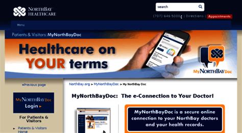 Mynorthbaydoc - Primary Care: Call our call center to request a video visit at (707) 646-5500. Specialty Care: Call your provider to request a video visit. Insurance. Medical Group. (Outpatient physicians) NorthBay Centers for Primary Care. NorthBay Medical Group. Hospitals. NorthBay Medical Center. 