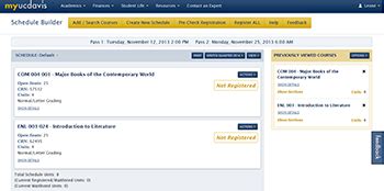 Myschedule builder uc davis. Schedule Builder – The campus registration application. If you have Student View Access, view information that the student sees, including pre-build schedules, registration holds, … 
