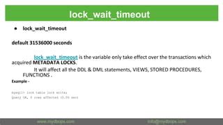 Mysql query timeout 30 seconds.  wait_timeout variable represents the amount of time that MySQL...
