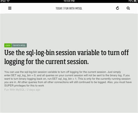 Mysql turn off logging. 0 "The session sql_log_off variable can be set to ON o...