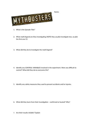 Mythbusters Worksheet PDF