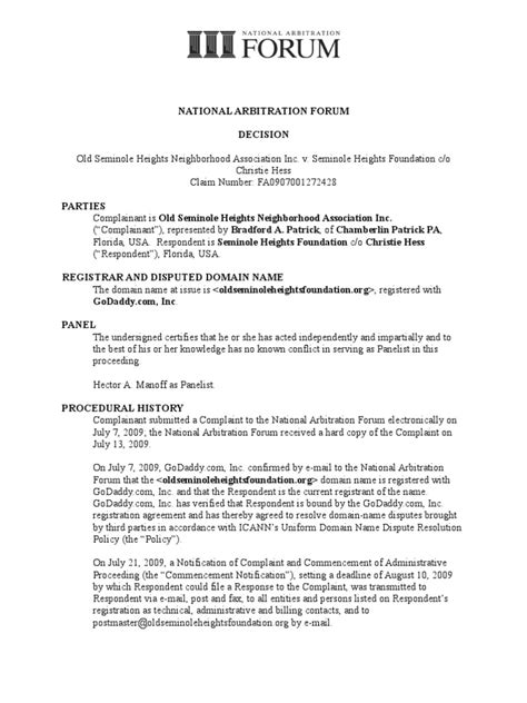 NATIONAL ARBITRATION FORUM DECISION Advertising …