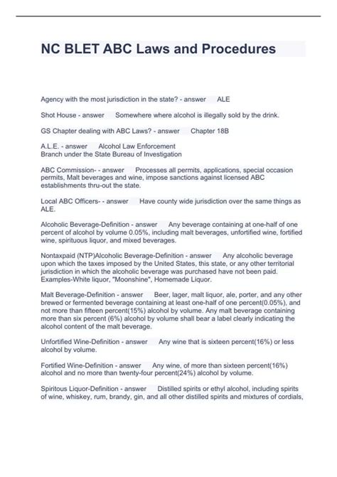 NC BLET ABC Laws and Procedures with questions and answers NC BLET