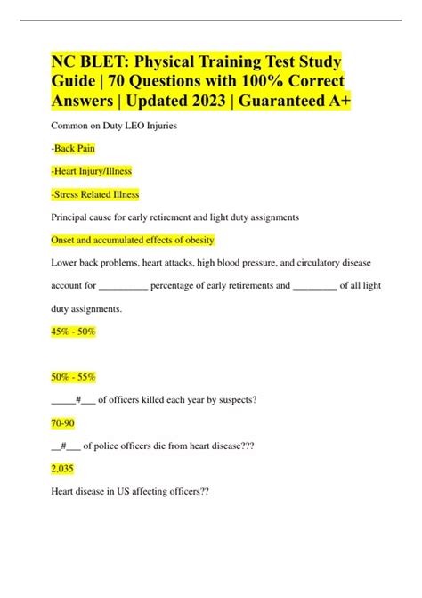 NC BLET Physical Training Test Study Guide 70 Questions with 100