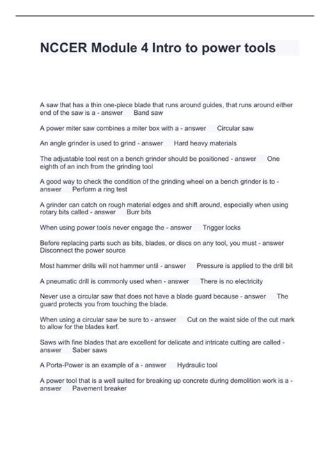 NCCER Module 4 Intro to power tools with questions & correct answers