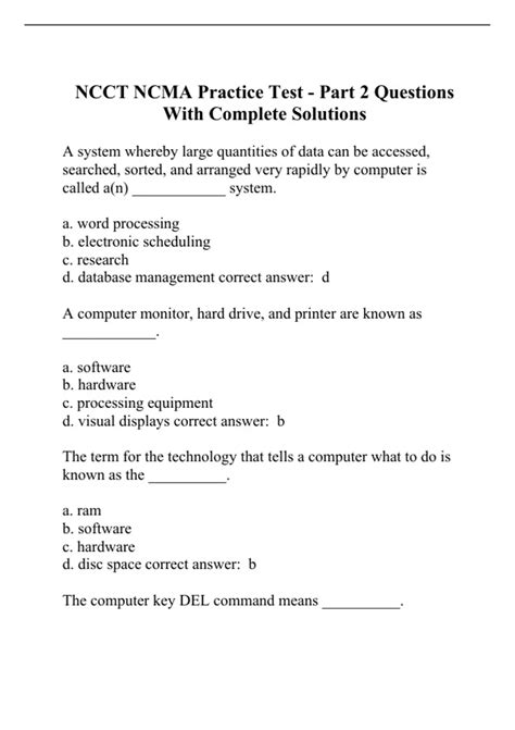 NCCT NCMA Practice Test Part 2 Questions With Complete Solutions