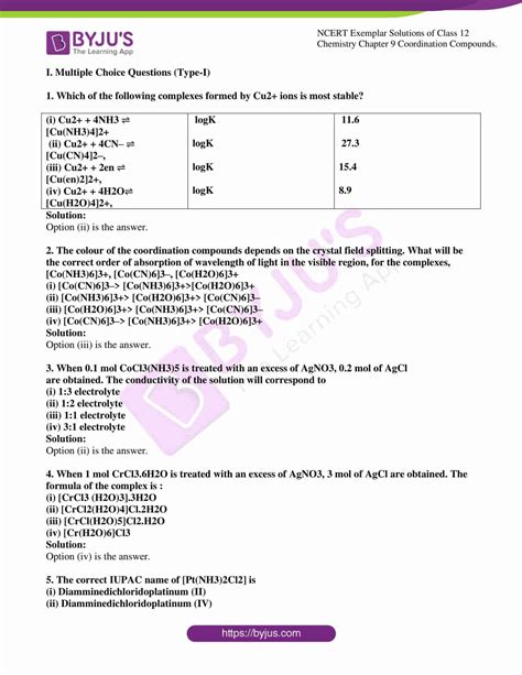 NCERT Exemplar Class 12 Chemistry Chapter 9 Coordination …