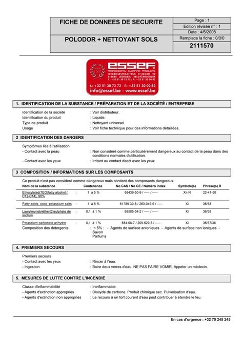 NETTOYANT AVANT VIDANGE Fiche de données de sécurité