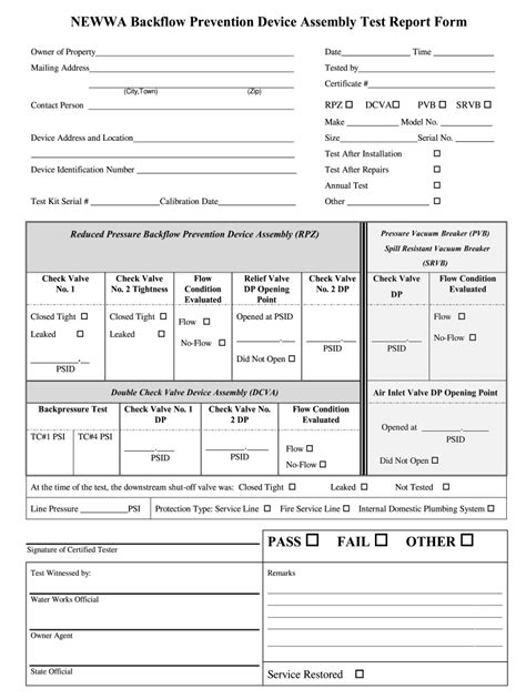 NEWWA Backflow Prevention Device Assembly Test Report Form Fill and