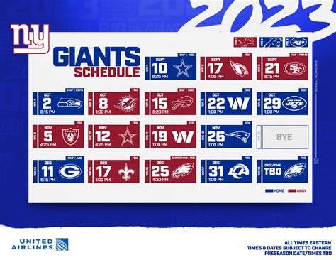 NFL 2023 New York Giants Printable Schedule Date, TV Streaming & Time