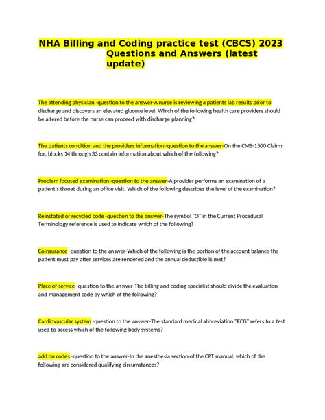 NHA Billing and Coding Practice Test (CBCS) Questions and Answers 2023